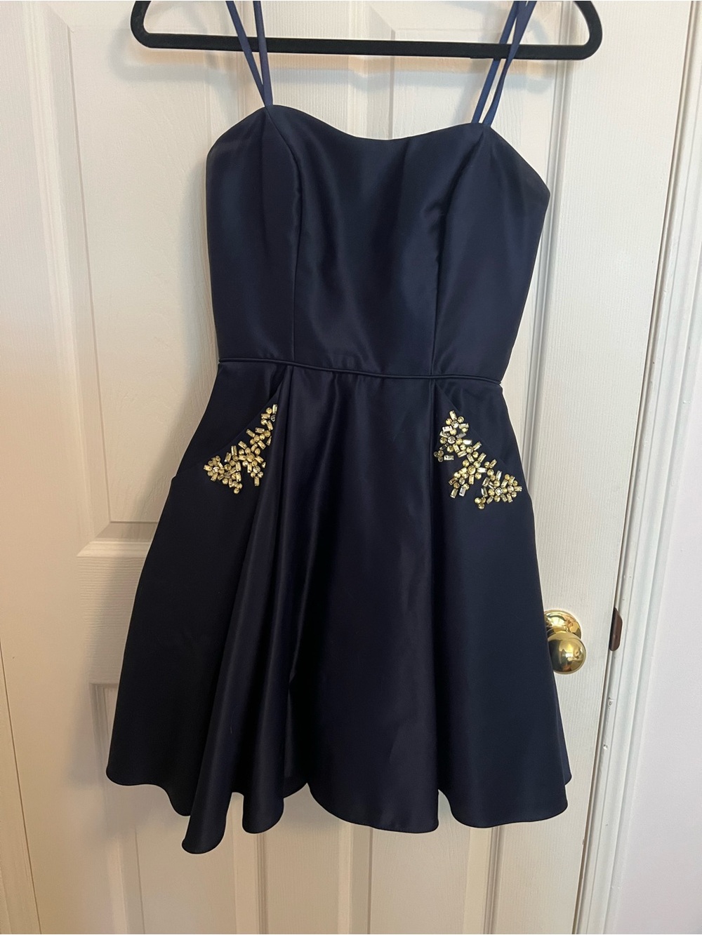 Strapless Navy Satin Fit & Flare Dress with Gold Embellished Pockets